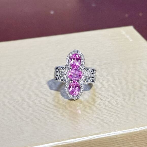 925 STERLING SILVER KARIS 3 pink CZ center STONES INTRICATE filigree detail sz 8 - Picture 1 of 11